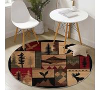 Tapis Rond Salon 150 cm, Tapis de Sol antidérapant imprimé Vintage Cerf Ours Pins décoration, pour Chambre Cuisine Balcon Terrasse Salle à Manger Intérieur & Extérieur, Brun