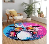Tapis Rond Salon 150cm, Dessin Animé Style Lavable Antidérapant Tapis Graffiti Musique Batterie Imprimé Carpette Convient pour la Chambre la Salle à Manger et Le Bureau Couleur
