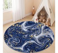 Tapis Rond Salon 180 cm, Style Marbre Luxe Tapis de Sol Décoration | Lavable en Machine Art Fluide Délicat Descente de Lit, Antidérapant pour Salle à Manger Bureau Cuisine, Bleu Foncé