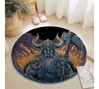Tapis Rond Salon 180cm, Europe du Nord Style Lavable Antidérapant Tapis Mythologie Vikings Guerriers Imprimé Carpette Convient pour la Chambre la Salle à Manger et Le Bureau Couleur