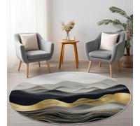 Tapis Rond Salon 200 cm Peinture À L'Encre Orientale Tapis De Sol Décoration Antidérapant pour Salon Chambre Cuisine Balcon Terrasse Salle À Manger Intérieur, Montagnes Noires Ondulations Dorées