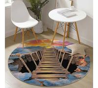 Tapis Rond Salon, 3D Pont De Corde en Bois modèle Tapis Rond Antidérapant pour Décoration, pour Chambre Cuisine Balcon Terrasse Salon Salle à Manger Intérieur Extérieur (160 cm, Coloré)