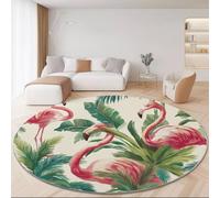 Tapis Rond Salon 60 cm Poils Courts pour Chambre Cuisine Intérieur Extérieur, Aquarelle Plantes Tropicales Flamant Rose Thème Antidérapant & Doux Flanelle Tapis Rond Décoratif, Vert