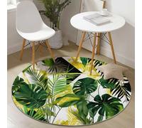 Tapis Rond Salon 80 cm Jaune Vert, Tapis Ronds Poils Courts pour Chambre Bureau Cuisine - Lavable et Antidérapant - Motif Imprimé Plantes Géométrie Feuilles Tropicales