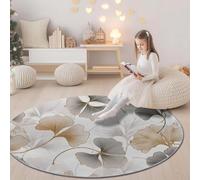 Tapis Rond Salon 80 cm Or Gris, Tapis Ronds Poils Courts pour Chambre Bureau Cuisine - Lavable et Antidérapant - Motif Imprimé Feuilles De Ginkgo Dessinées À La Main