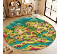 Tapis Rond Salon 80 cm, Tapis de Sol Antidérapant Dessin Animé Montagne Architecture Forêt pour Garçons Filles Adulte - pour Salon Chambre Cuisine Balcon Terrasse Salle à Manger, Vert