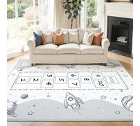 Tapis Rond Salon 80 x 150 cm, Lavable Antidérapant Tapis, Thème De l'espace Marelle pour Enfants Carrés Imprimé Carpette pour la Chambre la Salle à Manger et Bureau - Gris Low Poils