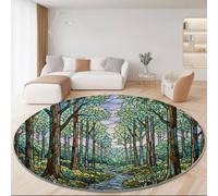 Tapis Rond Salon 90 cm, Style Forêt Fantaisie Tapis de Sol Décoration | Lavable en Machine Jungle Vitrail Descente de Lit, Antidérapant pour Salle à Manger Bureau Cuisine, Vert