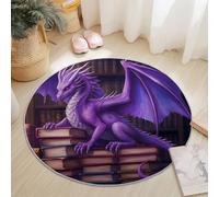 Tapis Rond Salon 90cm, Fantaisie Style Lavable Antidérapant Tapis Mythologie Bibliothèque Dragon Imprimé Carpette Convient pour la Chambre la Salle à Manger et Le Bureau Violet