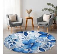 Tapis Rond Salon 90cm, Moderne Style Lavable Antidérapant Tapis Élégant Botanique Floral Feuilles Imprimé Carpette Convient pour la Chambre la Salle à Manger et Le Bureau Bleu Marine