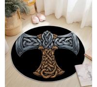 Tapis Rond Salon 90cm, Viking Style Lavable Antidérapant Tapis Nordique Mythologie Marteau Imprimé Carpette Convient pour la Chambre la Salle à Manger et Le Bureau Couleur