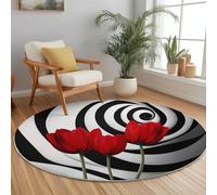 Tapis Rond Salon, Abstrait Rose Rouge Tourbillon Thème Lavable et antidérapant Tapis, Blanc Noir Intérieur Extérieur décoration pour Chambre Cuisine Balcon Salle à Manger, Ø 90 cm