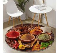 Tapis Rond Salon, Aliments Épices Imprimer Tapis de Sol Décoration Antidérapant pour Chambre Salon Cuisine Balcon Terrasse Salle à Manger Intérieur, 90 cm Brun Épices Bol en Bois