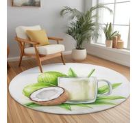 Tapis Rond Salon Aquarelle Boisson Tropicale À La Noix De Coco Vert Blanc Imprimé, Lavable en Machine Tapis de Sol Antidérapant pour Salon Chambre Cuisine Balcon Terrasse Salle à Manger, 120 cm