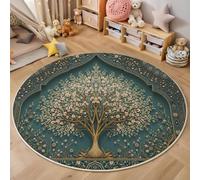Tapis Rond Salon Arbre De Vie Fleurs, Tapis de Sol Style Traditionnel Fantastique Décoration Antidérapant Lavable Vert Émeraude, pour Chambre Cuisine Balcon Terrasse Salle à Manger Intérieur 120cm