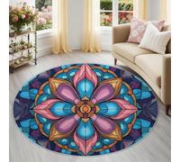 Tapis Rond Salon Art Mandala en vitrail Tapis de Sol Décoration Antidérapant 60 cm (Round) pour Salon Chambre Cuisine Balcon Terrasse Salle à Manger Intérieur Créateur de Tendances individualisteBleu