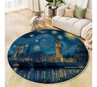 Tapis Rond Salon Big Ben Nuit Étoilée, Tapis de Sol Peinture À l'huile Style Architectural Décoration Antidérapant Lavable Bleu, pour Chambre Cuisine Balcon Terrasse Salle à Manger Intérieur 120cm