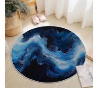 Tapis Rond Salon Bleu Blanc, Abstrait Vague Vague Tache Imprime Tapis de Sol Décoration Antidérapant pour Salon Chambre Cuisine Terrasse Salle à Manger Intérieur & Extérieur 180 cm