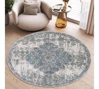 Tapis rond salon chambre gris bleu vintage floral 80 x 80 cm