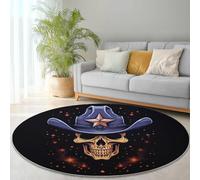 Tapis Rond Salon, Chapeau de Cowboy tête de Mort Western Tapis de Sol Décoration Antidérapant Bleu Orange pour Chambre Cuisine Balcon Terrasse Salle à Manger Intérieur Extérieur 180 cm (Round)