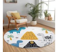 Tapis Rond Salon, Coloré Tapis de Sol Décoration Antidérapant pour Salon Chambre Cuisine Balcon Terrasse Salle à Manger Intérieur - Dessin animé Dinosaure Mignon Volcan Imprimer (60 cm)