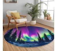 Tapis Rond Salon, Coloré Tapis de Sol Décoration Antidérapant pour Salon Chambre Cuisine Balcon Terrasse Salle à Manger Intérieur - Nature Aurore boréale Neige Pins Imprimer (180 cm)
