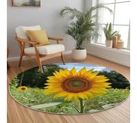 Tapis Rond Salon, Coloré Tapis de Sol Décoration Antidérapant pour Salon Chambre Cuisine Balcon Terrasse Salle à Manger Intérieur - Nature Ciel Bleu Champ de tournesols Imprimer (100 cm)