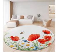 Tapis Rond Salon, Coquelicots Marguerites Papillons modèle Tapis Rond Antidérapant pour Décoration, pour Chambre Cuisine Balcon Terrasse Salon Salle à Manger Intérieur Extérieur (120 cm, Blanc)