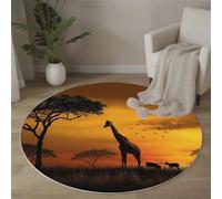 Tapis Rond Salon Coucher De Soleil Sur La Savane Africaine Descente De Lit à Poils Courts Girafe Tapis de Sol Décoration Antidérapant pour Salon Chambre Terrasse Salle à Manger, 100cm, Jaune Doré