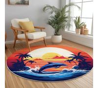 Tapis Rond Salon Couleur Orange, 60 cm Interieur Anti Slip Tapis à Poils Courts avec Rétro Île Palmier Imprime, Lavable en Machine L'intérieur Décorer pour Chambre Salon Cuisine