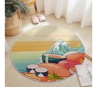 Tapis Rond Salon, Dessin Animé Art Numérique Vagues Sushi Imprimé Tapis de Sol Décoration Antidérapant pour Salon Chambre Cuisine Balcon Terrasse Salle à Manger (120 cm Rond,Coloré)