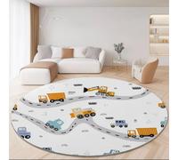Tapis Rond Salon, Dessin Animé Camion De Construction Route modèle Tapis Rond Antidérapant pour Décoration, pour Chambre Cuisine Balcon Terrasse Salon Salle à Manger Intérieur (100 cm, Blanc)
