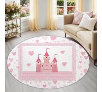 Tapis Rond Salon, Dessin Animé Cœur Imprimer Tapis de Sol Décoration Antidérapant pour Chambre Salon Cuisine Balcon Terrasse Salle à Manger Intérieur, 160 cm Rose Château