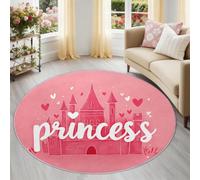 Tapis Rond Salon, Dessin Animé Imprimer Tapis de Sol Décoration Antidérapant pour Chambre Salon Cuisine Balcon Terrasse Salle à Manger Intérieur, 80 cm Rose Château Cœur