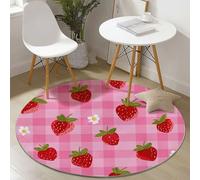 Tapis Rond Salon Dessin Animé Plaid Fraise Fleurs Rose Imprimé, Lavable en Machine Tapis de Sol Décoration Antidérapant pour Salon Chambre Cuisine Balcon Terrasse Salle à Manger, 200 cm