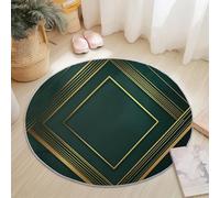 Tapis Rond Salon Diamètre 140 cm, Moderne Simple Lignes Rectangle Imprime, Vert foncé Or Tapis de Sol Décoration Antidérapant pour Salon Chambre Cuisine Terrasse Salle à Manger Intérieur & Extérieur
