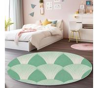 Tapis Rond Salon, Doux Poil Courts Lavable Géométrie en Éventail Courbe Imprimé Antidérapant Vert Blanc Tapis Rond pour Salon Chambre Cuisine Balcon - 90 cm