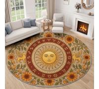 Tapis Rond Salon Fantastique Art Céleste Lavable Machine 100 cm Brun Clair | Soleil Constellations Tournesols Anneaux Animaux Poils Court Dos Antidérapant pour Chambre Cuisine Bureau Facile à Entretenir