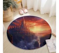 Tapis Rond Salon Fantastique Château Coucher De Soleil Falaise Tapis de Sol Décoration Antidérapant pour Salon Chambre Cuisine Balcon Terrasse Salle à Manger Intérieur Extérieur (160 cm, Orange Noir)