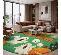 Tapis Rond Salon Fantômes Lanternes Citrouilles Châteaux 100cm Poils Courts | Dessin Animé Version Q Halloween Antidérapant & Doux Tapis Rond Décoratif Pour Chambre Cuisine Intérieur Extérieur, Vert