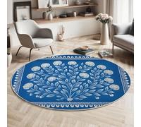 Tapis Rond Salon Fleurs Blanches Tiges Et Feuilles, Tapis de Sol Style Artistique Traditionnel Indien Décoration Antidérapant Lavable Bleu, pour Chambre Cuisine Balcon Terrasse Intérieur 160cm