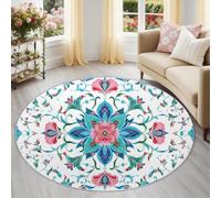 Tapis Rond Salon Fleurs de Mandala de Bohême Tapis de Sol Décoration Antidérapant 60 cm (Round) pour Salon Chambre Cuisine Balcon Terrasse Salle à Manger Intérieur Bleu