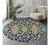 Tapis Rond Salon, Fleurs Et Vignes Tapis De Sol Décoration Antidérapant, Lavable À l'art Traditionnel Islamique pour Chambre Cuisine Balcon Salon Salle À Manger Intérieur (90 Cm Bleu Marine)
