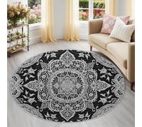 Tapis Rond Salon, Inde Traditionnelle Imprimer Tapis de Sol Décoration Antidérapant pour Chambre Salon Cuisine Balcon Terrasse Salle à Manger Intérieur, 100 cm Noir À Motifs Floraux