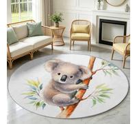 Tapis Rond Salon Lavable en Machine Antidérapant 80 cm Dessin Animé Animal | Tapis Enfant Doux à Poils Ras, Koala Feuilles Branches pour Salle de Bain, Chambre à Coucher Entrée, Canapé, Blanc