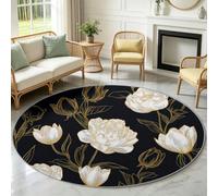 Tapis Rond Salon Lavable en Machine Antidérapant 80 cm Moderne Floral | Tapis Enfant Doux à Poils Ras, Rameaux Pivoine Imprimé pour Salle de Bain, Chambre à Coucher Entrée, Canapé, Noir
