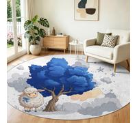 Tapis Rond Salon Lavable, Mouton de dessin animé arbre bleu Tapis de Sol Décoration Antidérapant pour Salon Chambre Chambre D'enfant Terrasse Salle à Manger Intérieur, 80 cm Conte de Fées Aquarelle