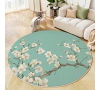 Tapis Rond Salon, Magnolia Blanc Tapis De Sol Décoration Antidérapant, Lavable À Imprimé Floral Élégant pour Chambre Cuisine Balcon Salon Salle À Manger Intérieur (Vert Clair)