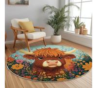 Tapis Rond Salon, Mignon Fleurs Bétail des Hautes Terres Thème Lavable et antidérapant Tapis, Coloré Intérieur Extérieur décoration pour Chambre Cuisine Balcon Salle à Manger, Ø 160 cm