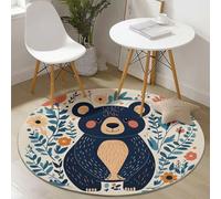 Tapis Rond Salon, Mignon Ours Fleurs modèle Tapis Rond Antidérapant pour Décoration, pour Chambre Cuisine Balcon Terrasse Salon Salle à Manger Intérieur Extérieur (90 cm, Beige)